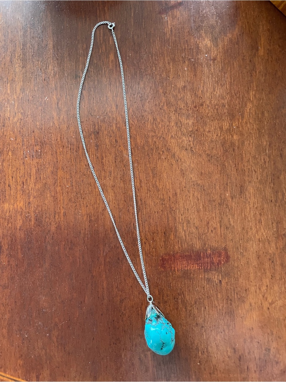 Vintage Raw Turquoise Teardrop Pendant Necklace on a Silver Tone chain
